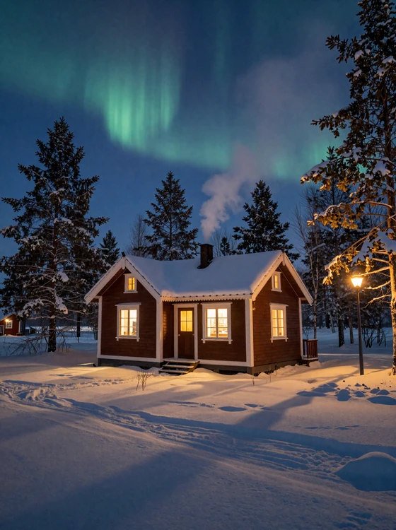 Traditional Finnish lakeside cottage in winter with warm light glowing from windows and Northern Lights in the sky