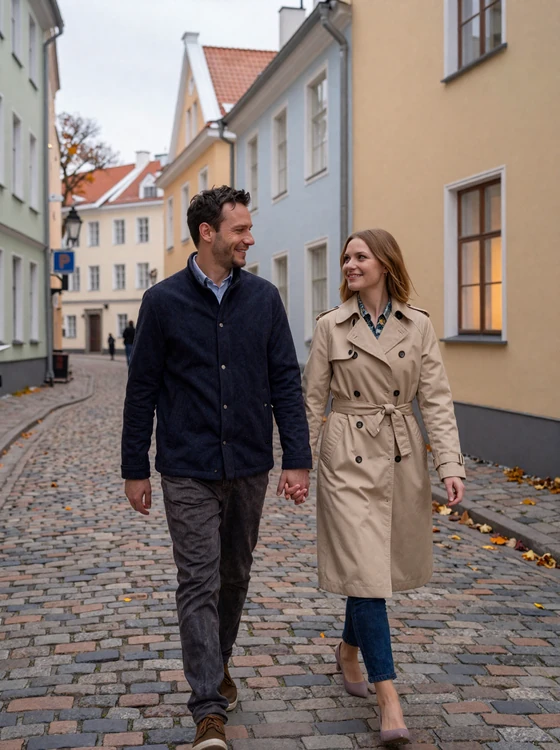 American man and Estonian woman walking together through Tallinn Old Town cobblestone street in autumn