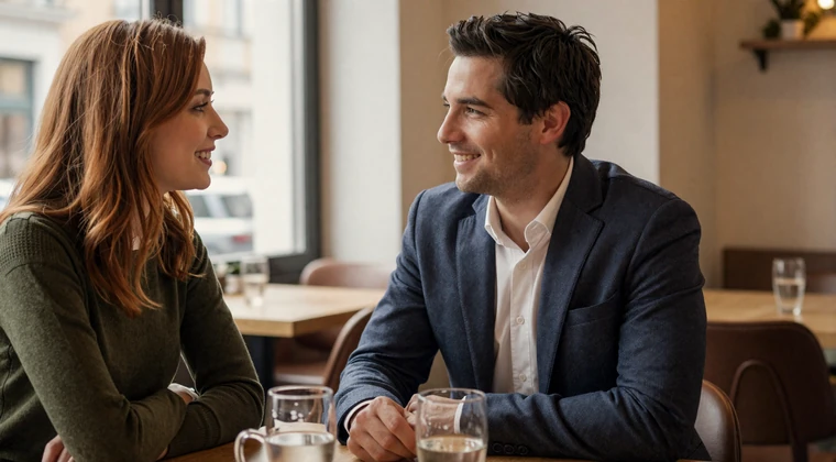 American man and European woman enjoying a first date at a cozy European bistro