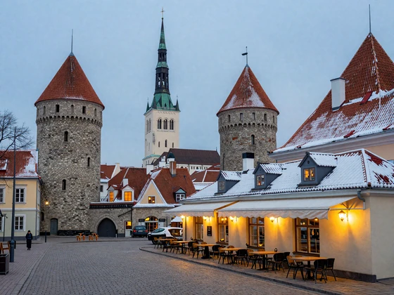 Tallinn Old Town medieval architecture with red rooftops and church spire in soft Nordic winter light
