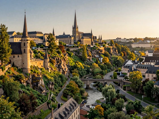 Panoramic view of Luxembourg City old town perched above the Alzette Valley with historic stone bridges and casemates