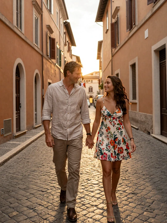 American man and Italian woman walking together through a romantic Roman street at golden hour