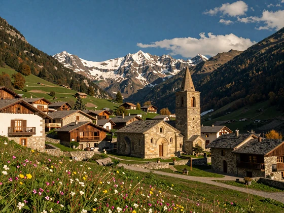 Charming Andorran Pyrenean mountain village with traditional stone architecture and snow-capped peaks in golden sunlight