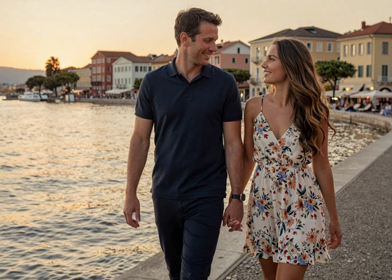 American man and European woman enjoying a romantic walk, representing successful european women dating