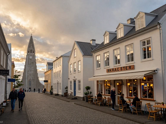 Colorful houses along a Reykjavik street with Hallgrimskirkja church and dramatic Icelandic sky