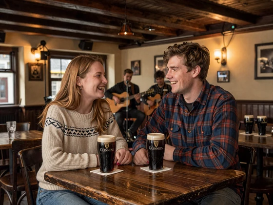 American man and Irish woman sharing a laugh in a cozy traditional Irish pub during a first date