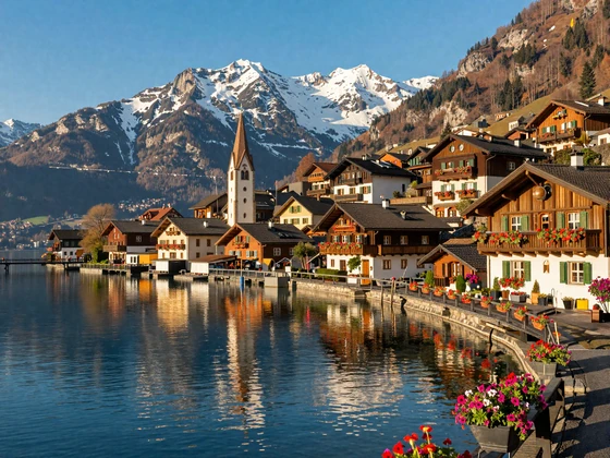 Picturesque Swiss lakeside town with alpine chalets and mountain backdrop at golden hour