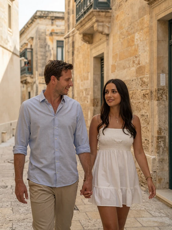American man and Maltese woman walking hand in hand through the ancient streets of Mdina Malta