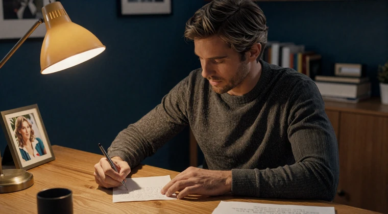 American man writing a heartfelt letter to his European partner in a cozy home office