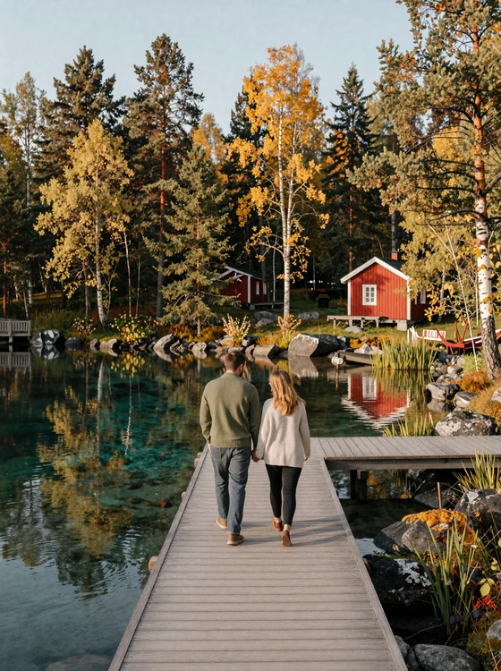Couple walking along a wooden dock on a Swedish lake surrounded by autumn forest and a red stuga cottage