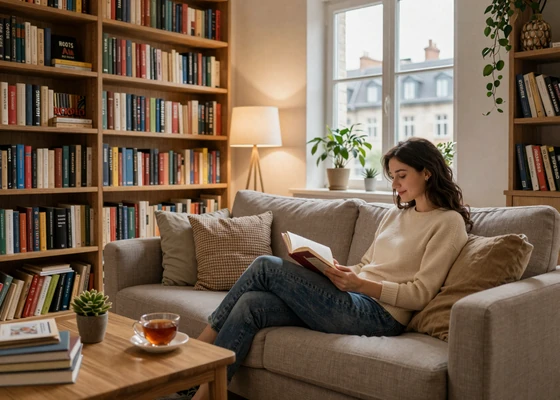 Educated European woman reading at home, illustrating the intellectual appeal of dating european women