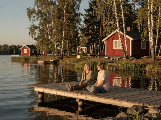 Peaceful Finnish lakeside scene with traditional red cottage surrounded by birch trees at sunset