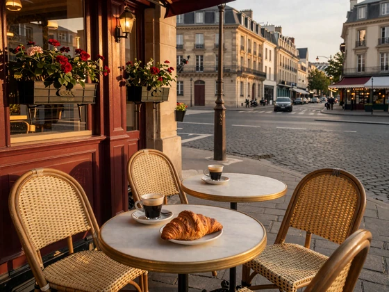Charming Parisian café terrace at golden hour with espresso and croissants on marble tables