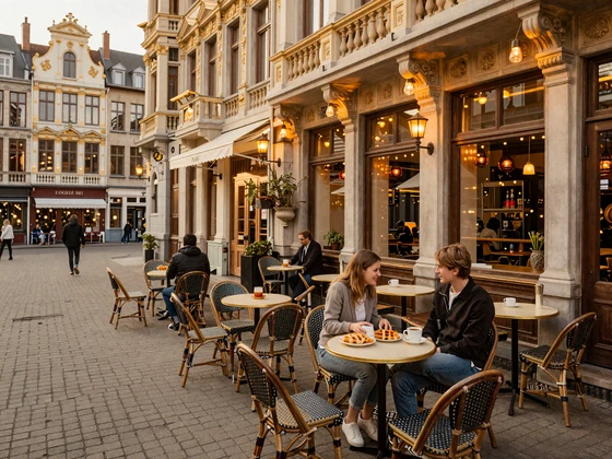 Charming Brussels café terrace with Belgian architecture and warm golden hour atmosphere