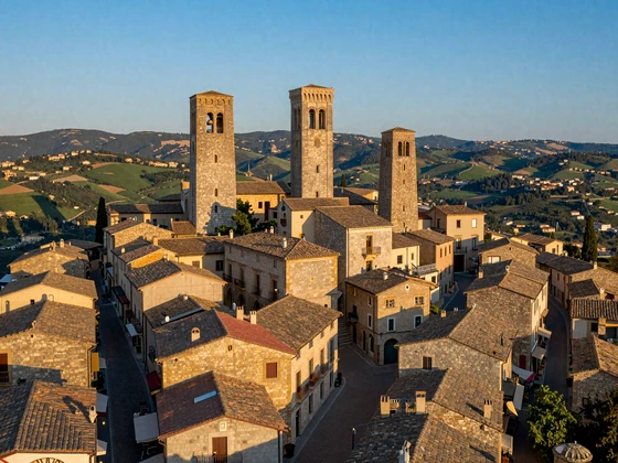 Aerial view of San Marino historic center with medieval Three Towers on Monte Titano bathed in warm golden light