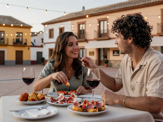 Couple sharing tapas and wine at an outdoor terrace in a beautiful Spanish plaza at golden hour