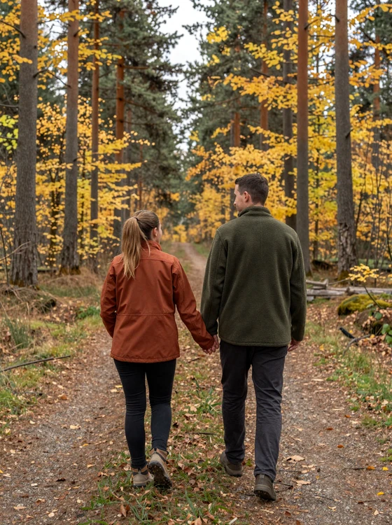 Couple walking hand in hand through the scenic Black Forest in Germany during autumn