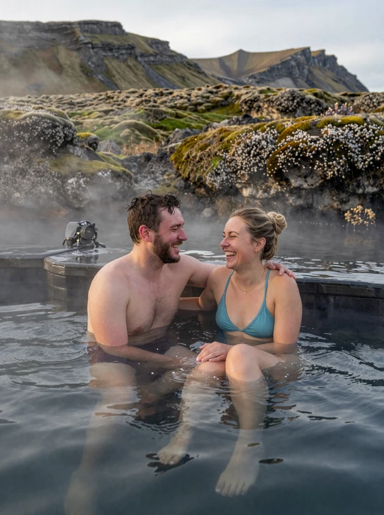 American man and Icelandic woman enjoying a natural geothermal hot spring in the Icelandic countryside