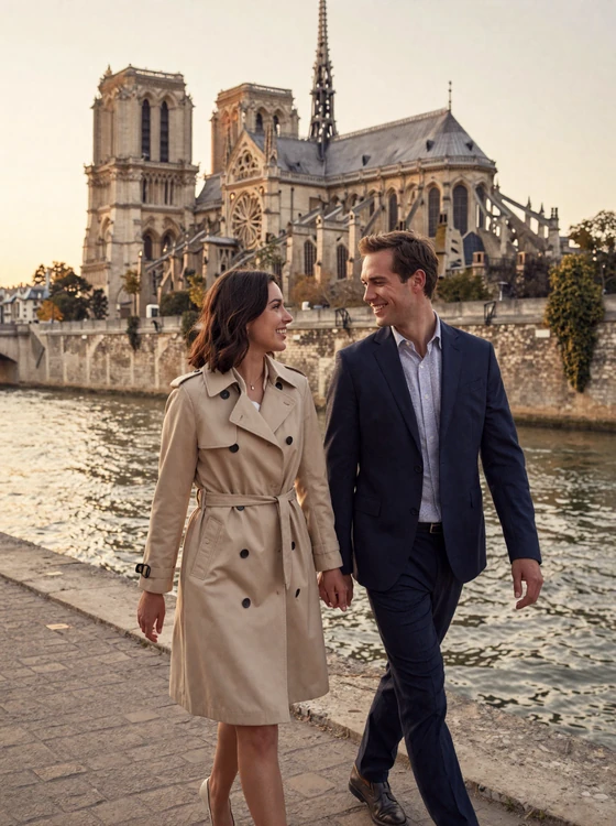 American man and French woman walking together along the Seine river in Paris at golden hour