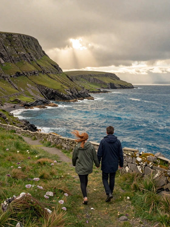 Couple walking hand in hand along the beautiful Connemara coastline in western Ireland
