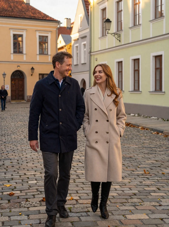 American man and Lithuanian woman walking together through charming Vilnius Old Town street in autumn