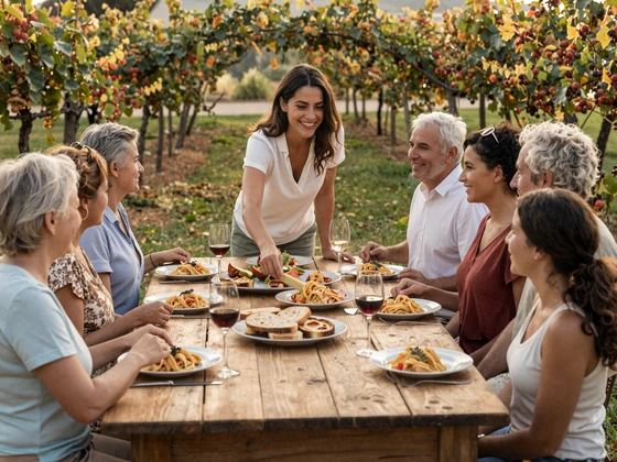 Italian family enjoying a traditional outdoor dinner in a Tuscan garden setting