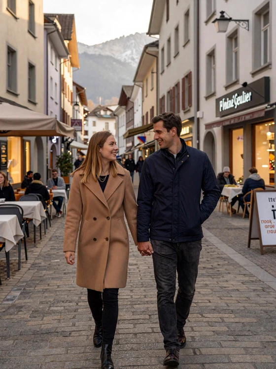 American man and Liechtenstein woman walking hand in hand through the charming Städtle pedestrian zone in Vaduz