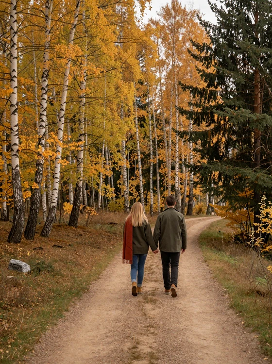 Couple walking through a golden autumn Latvian forest on a nature trail