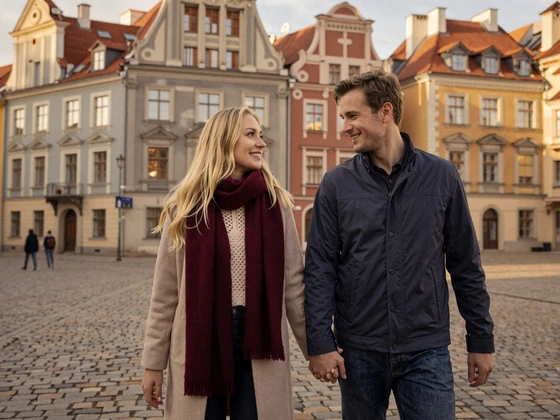 American man and Latvian woman walking through Riga Old Town Art Nouveau streets
