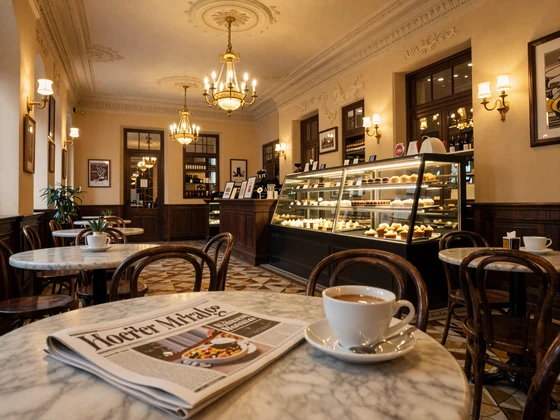Traditional Viennese coffeehouse interior with marble tables and warm golden atmosphere in Vienna Austria