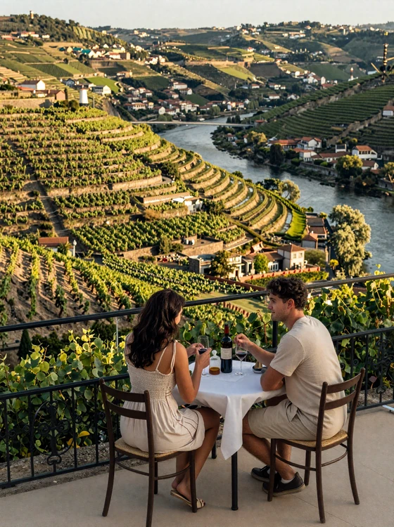 Couple enjoying port wine on a terrace overlooking the beautiful Douro Valley vineyards in Portugal