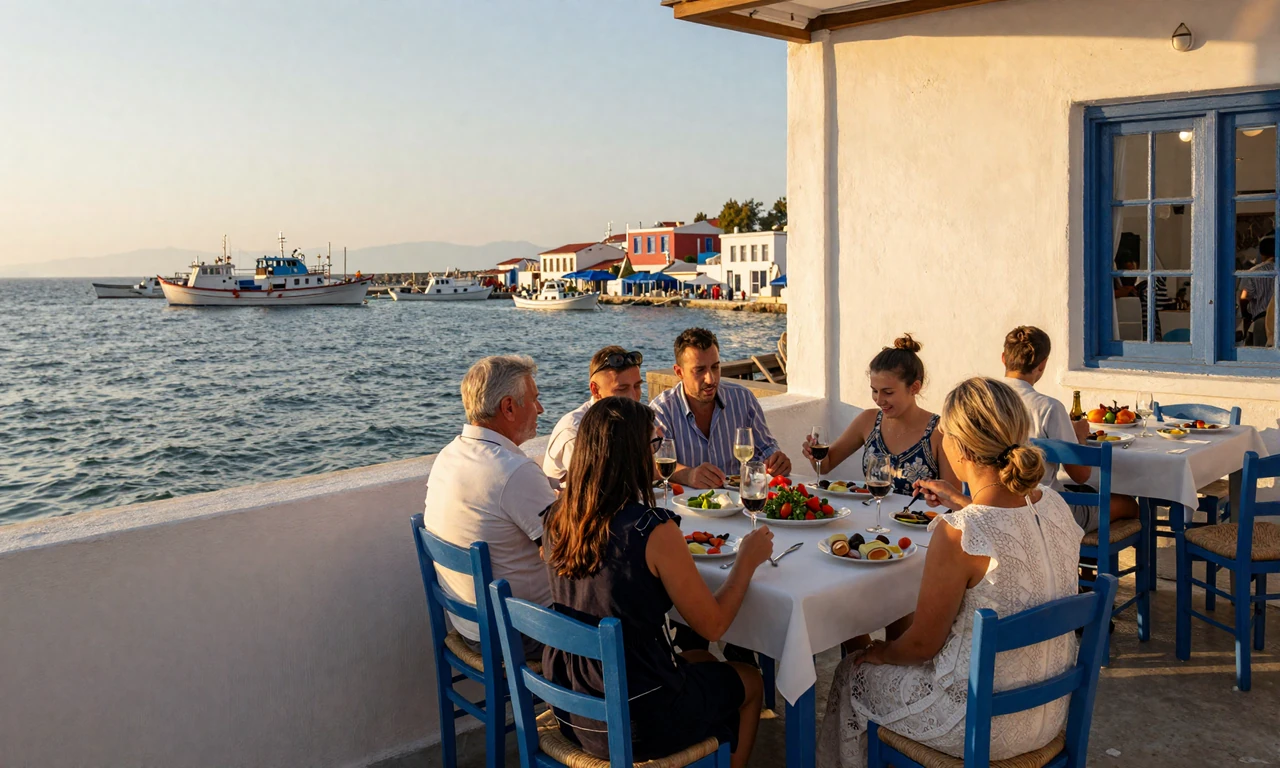 Greek family enjoying a traditional seaside taverna dinner in the Mediterranean evening light