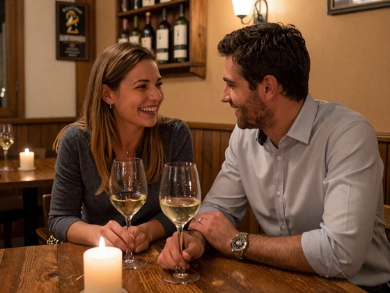 American man and German woman sharing a warm conversation at a cozy German wine tavern