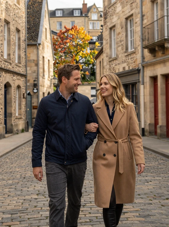 American man and Luxembourg woman walking arm in arm through the cobblestone streets of Luxembourg City old town