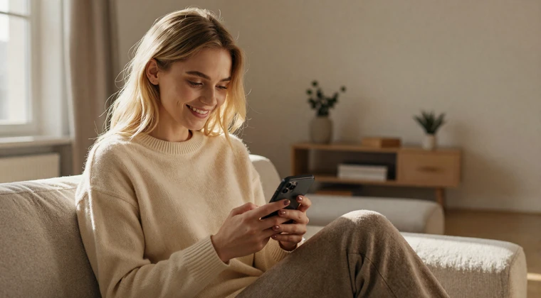 European woman smiling at her phone while reading a message from her long-distance partner