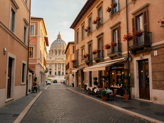 Charming cobblestone street in the Borgo neighborhood near Vatican City Rome with terracotta buildings and distant St Peters dome