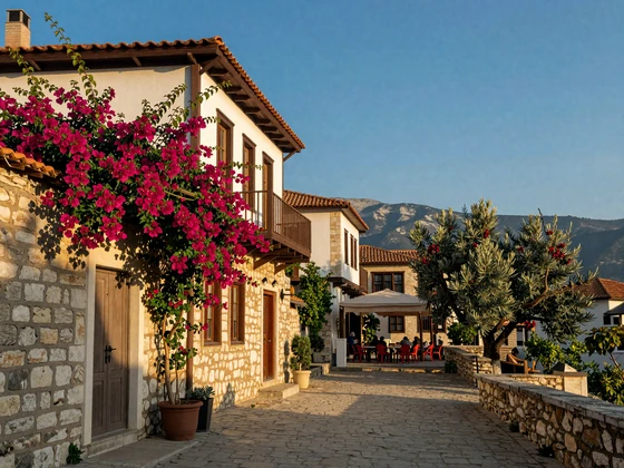 Traditional Cypriot mountain village with stone buildings bougainvillea and Mediterranean blue sky in Troodos Cyprus