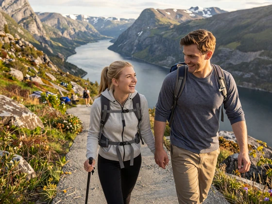 American man and Norwegian woman hiking together along a scenic fjord trail in Norway