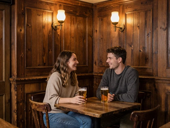 British couple enjoying a warm conversation in a traditional English pub setting