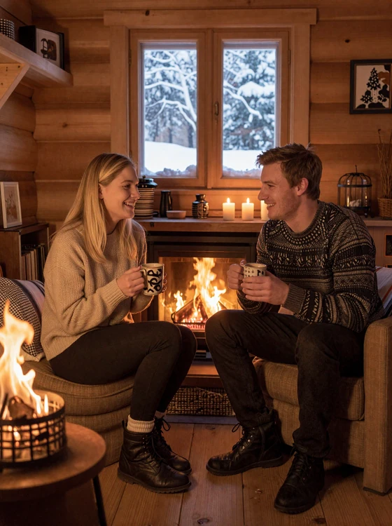 American man and Norwegian woman enjoying a cozy evening inside a traditional Norwegian mountain cabin