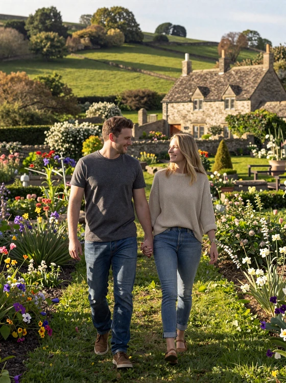 American man and British woman walking hand in hand through the beautiful English countryside
