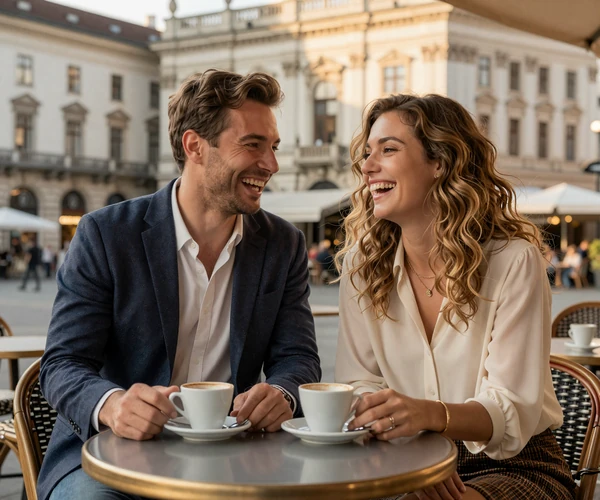 American man and European woman enjoying coffee at a Viennese cafe